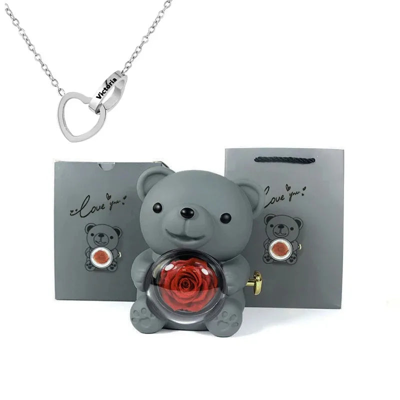 Eternal Rose Teddy Bear & Necklace Gift Set – Romantic Keepsake for Special Occasions