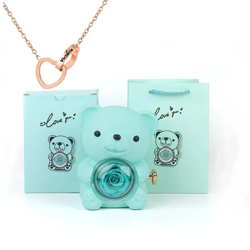 Eternal Rose Teddy Bear & Necklace Gift Set – Romantic Keepsake for Special Occasions