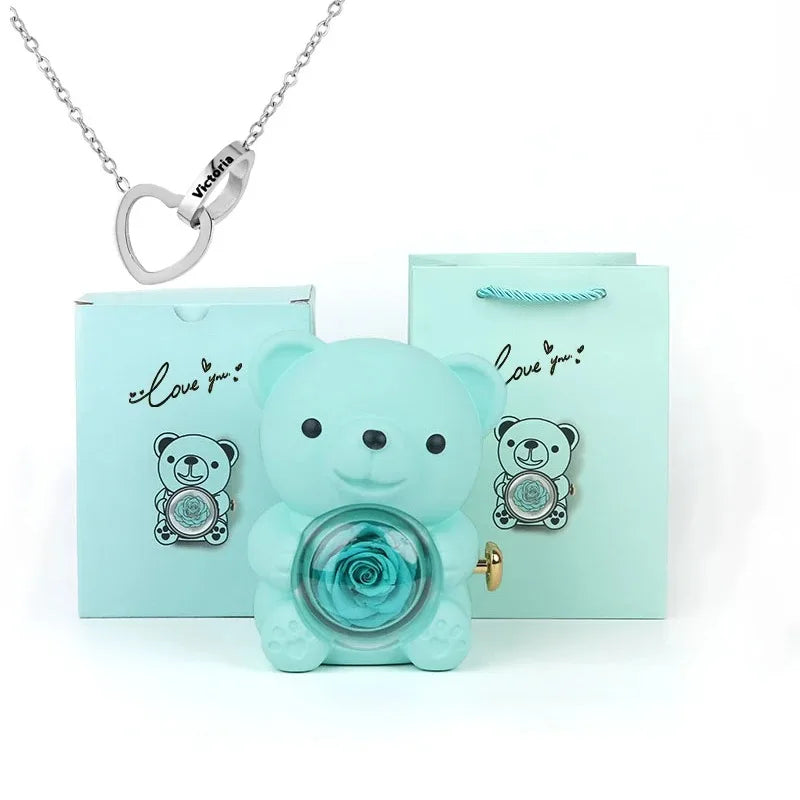 Eternal Rose Teddy Bear & Necklace Gift Set – Romantic Keepsake for Special Occasions