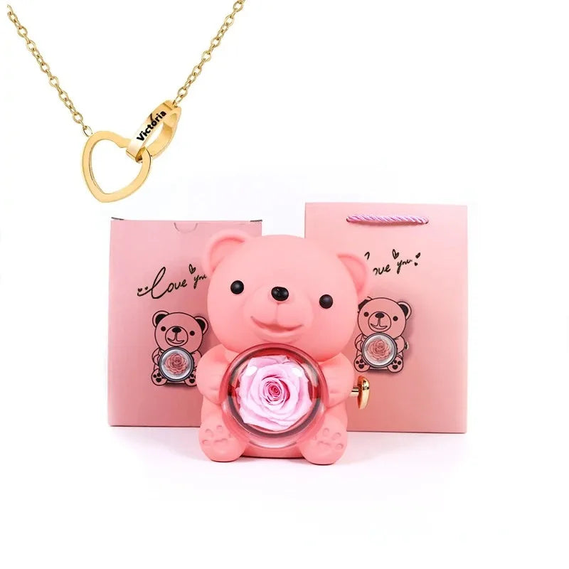 Eternal Rose Teddy Bear & Necklace Gift Set – Romantic Keepsake for Special Occasions
