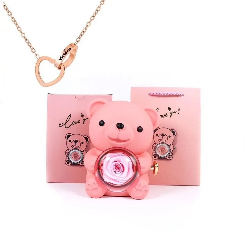 Eternal Rose Teddy Bear & Necklace Gift Set – Romantic Keepsake for Special Occasions