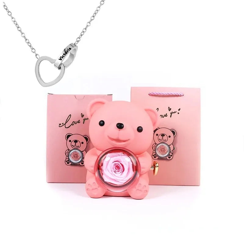 Eternal Rose Teddy Bear & Necklace Gift Set – Romantic Keepsake for Special Occasions