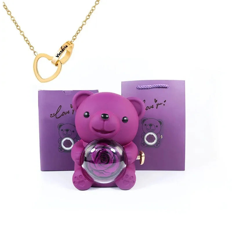 Eternal Rose Teddy Bear & Necklace Gift Set – Romantic Keepsake for Special Occasions