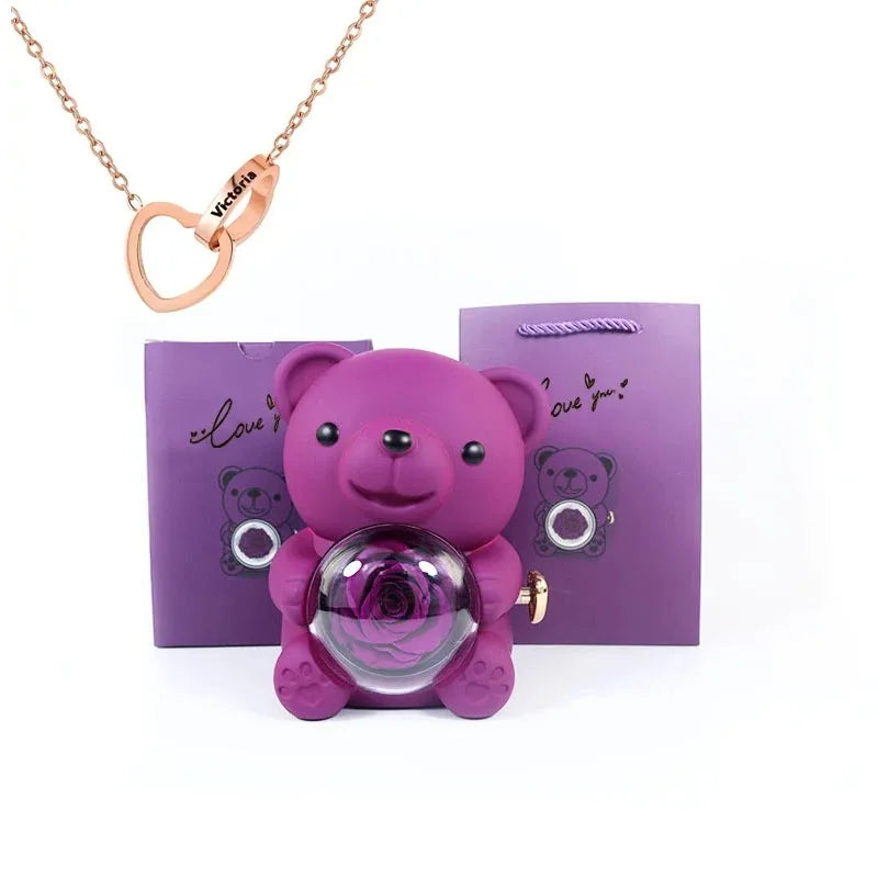 Eternal Rose Teddy Bear & Necklace Gift Set – Romantic Keepsake for Special Occasions