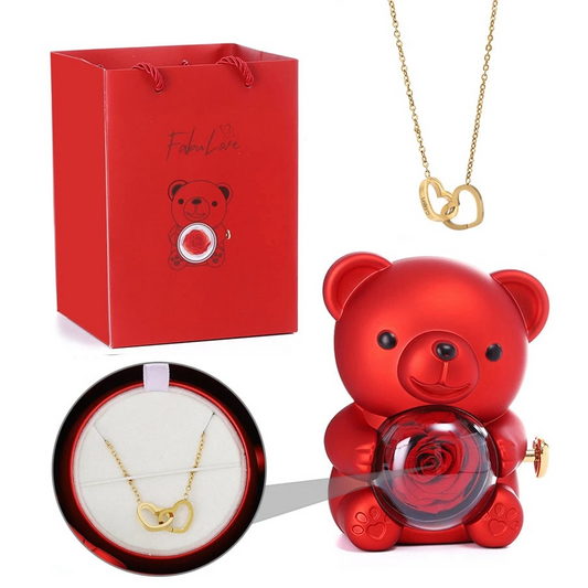 Eternal Rose Teddy Bear & Necklace Gift Set – Romantic Keepsake for Special Occasions
