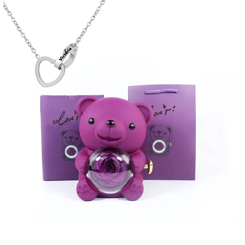 Eternal Rose Teddy Bear & Necklace Gift Set – Romantic Keepsake for Special Occasions