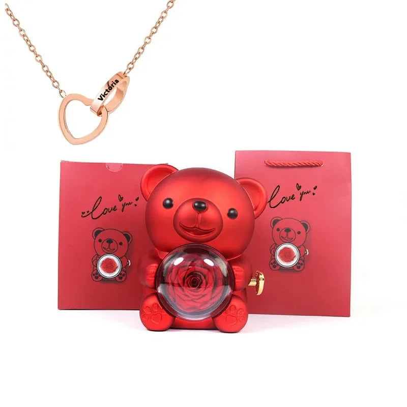 Eternal Rose Teddy Bear & Necklace Gift Set – Romantic Keepsake for Special Occasions