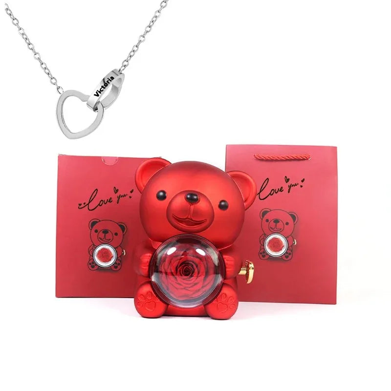 Eternal Rose Teddy Bear & Necklace Gift Set – Romantic Keepsake for Special Occasions