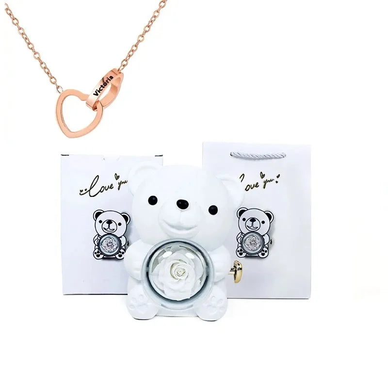 Eternal Rose Teddy Bear & Necklace Gift Set – Romantic Keepsake for Special Occasions