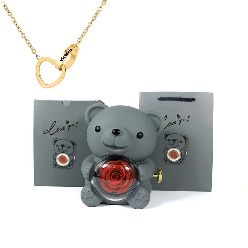 Eternal Rose Teddy Bear & Necklace Gift Set – Romantic Keepsake for Special Occasions