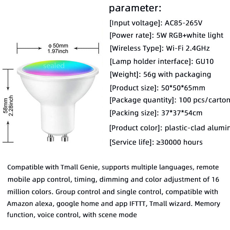 RGB GU10 Smart Spotlight - Adjustable White Light, WiFi Control & Alexa/Google Integration