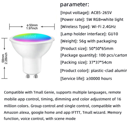 RGB GU10 Smart Spotlight - Adjustable White Light, WiFi Control & Alexa/Google Integration
