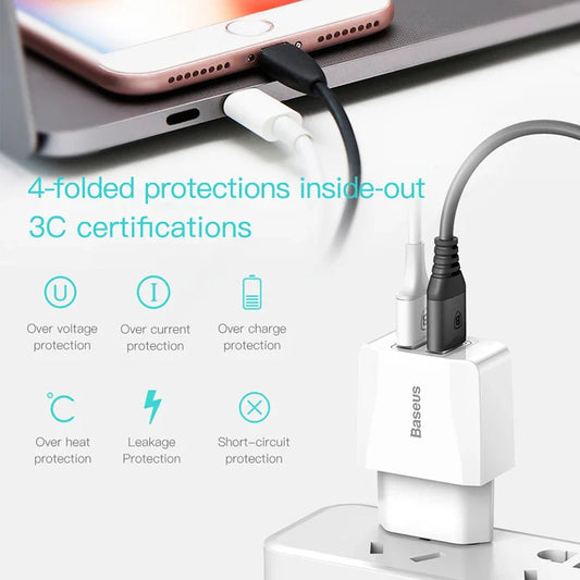 Dual USB Travel Charger with Fast Charging, EU Plug, and Smart Charging Technology