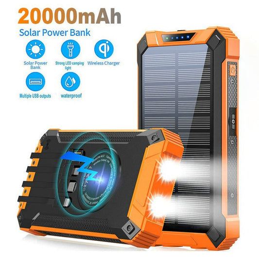 20000 mAh Solar Power Bank with Wireless Charging, Dual USB Outputs & Sustainable Energy