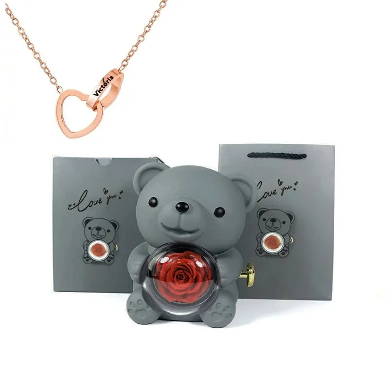 Eternal Rose Teddy Bear & Necklace Gift Set – Romantic Keepsake for Special Occasions